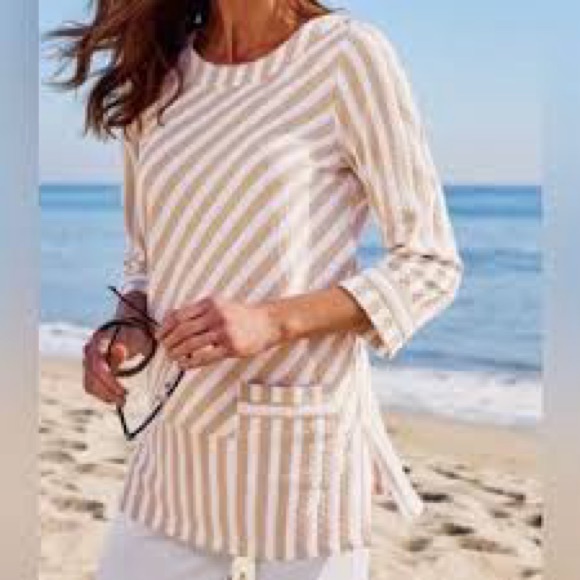 Soft Surroundings Tops - Soft Surroundings Glorieta Top Striped Tan and White Long Sleeve Top